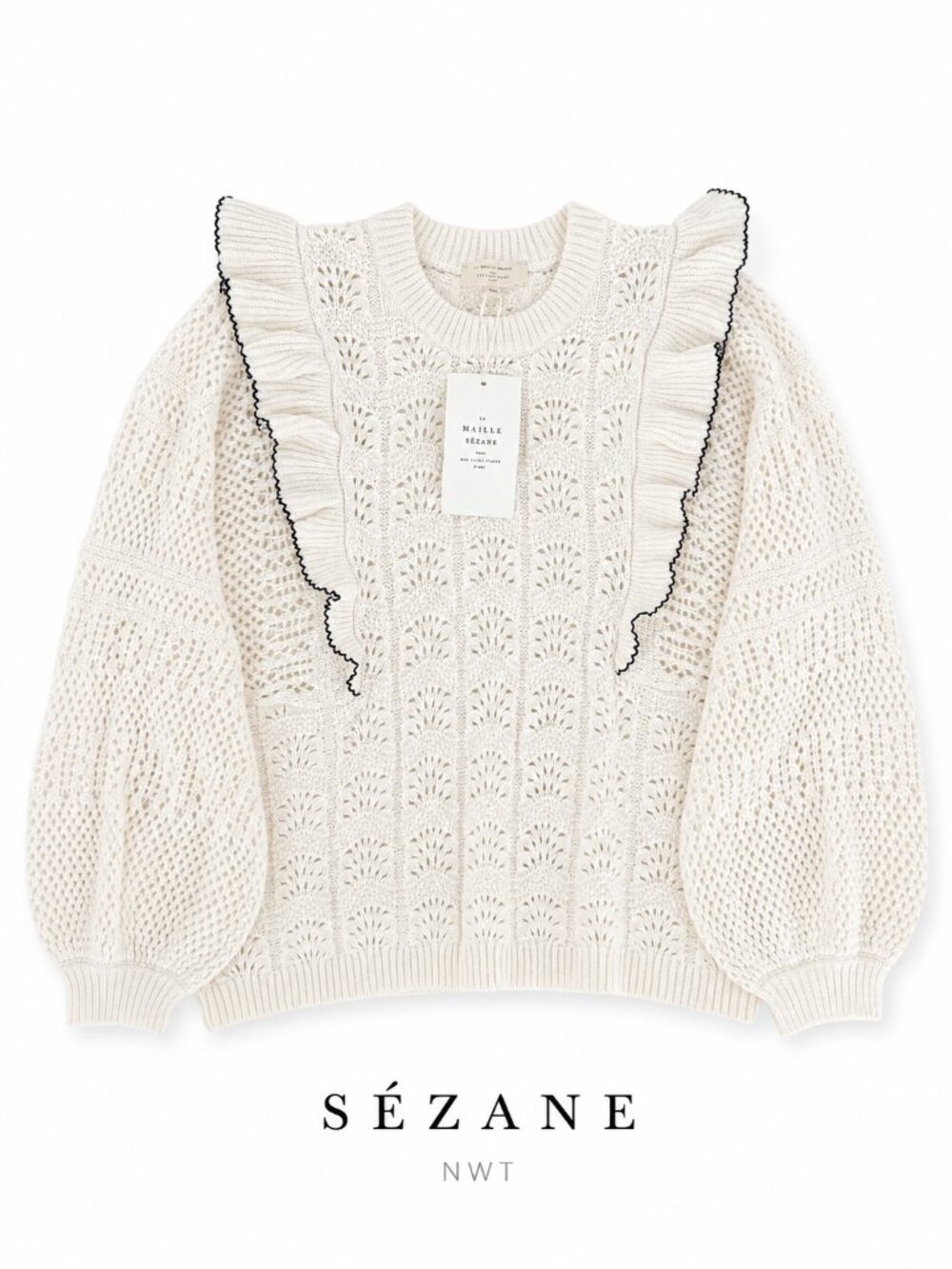 Sézane Jodie Sweater XXL Ecru Ruffle Balloon Sleeve Knit NWT